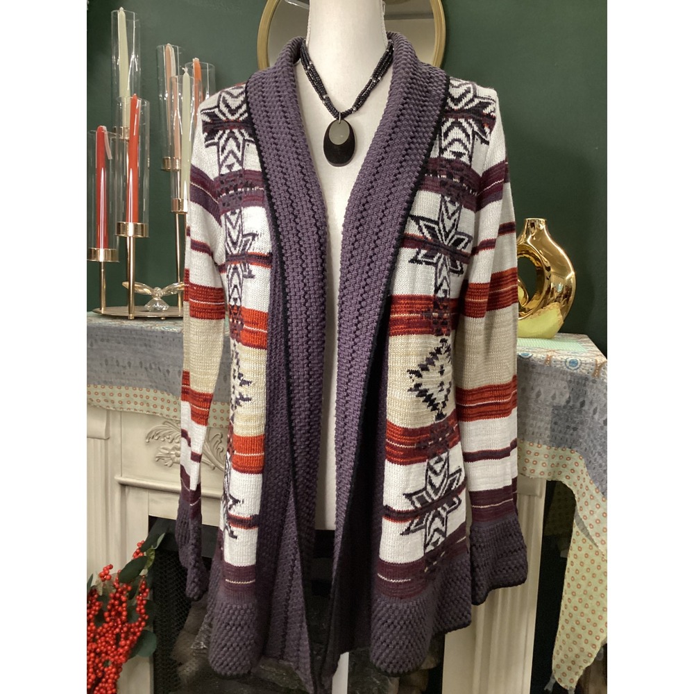 BCBGMAXAZRIA Southwestern Geometric Star Knit Open Front Cardigan Purple Large